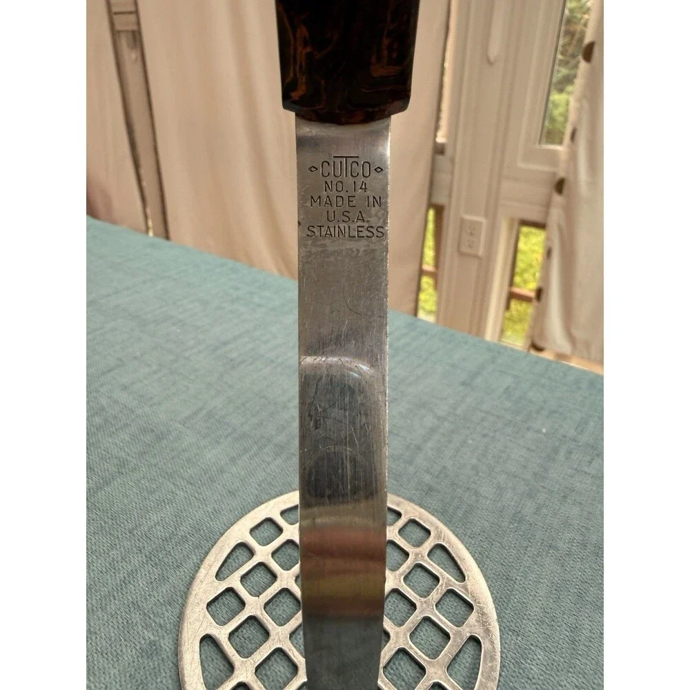 Vtg Cutco USA Potato Masher No. 14 STAINLESS Wood Swirl Brown Handle 10.25” MCM